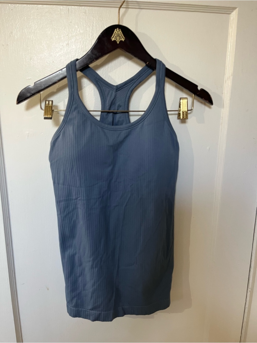 Womens Ribbed Activewear Tank Top Blue Grey Racerback Built In Bra EUC Medium